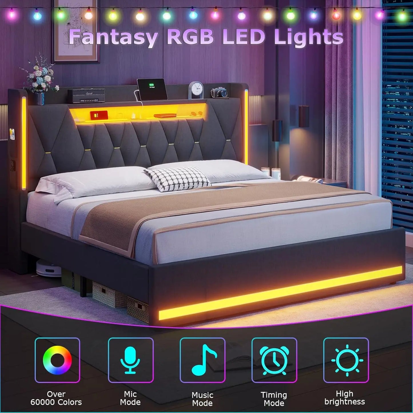 LED Bed Frame With Charging Station And Upholstered Headboard