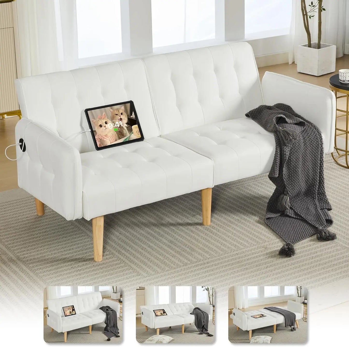 Futon Sofa Bed With USB Tufted Upholstered Loveseat Modern Mid Century