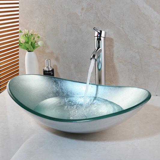 KEMAIDI Bathroom Sink Countertop Basin Sink Tempered Glass Washbasin with Waterfall Faucet Mixer for Washroom Vessel Vanity Bar