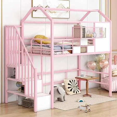 SOFTSEA Twin Size House Loft Bed with Stairs & a Storage Box, Stairway Metal Loft Bed with Roof for Kids, No Noise, Black