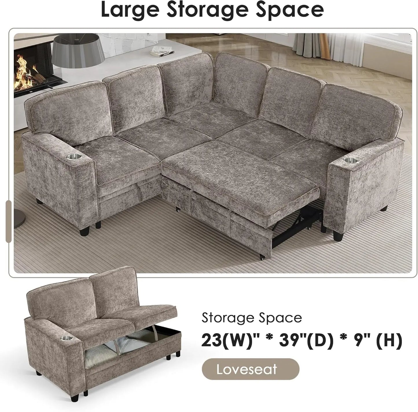 Modular L Shaped Sectional Sofa With Sleeper Storage USB Ports