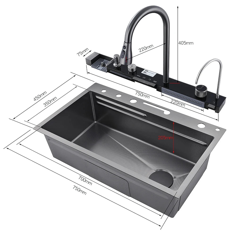 MYQualife 304 Stainless Steel Waterfall Sink Faucet Set With Digital Display