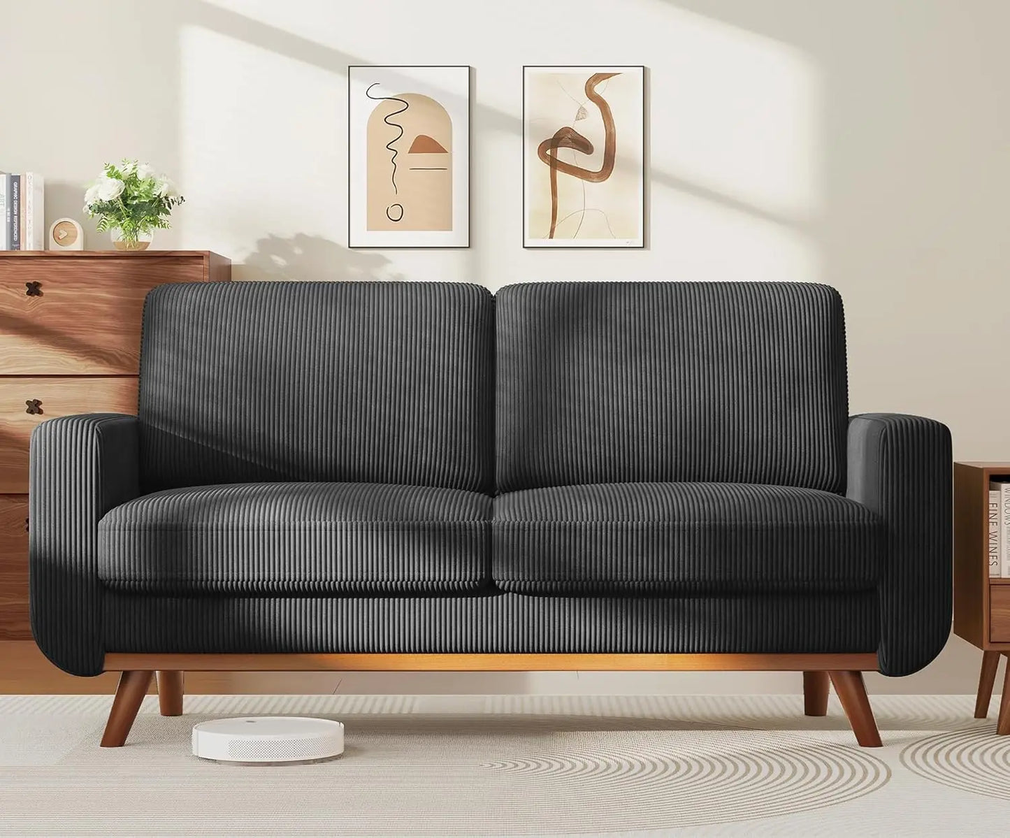 HUANZHUANG Modern Loveseat Sofa Corduroy Fabric Wood Frame Spring Cushion