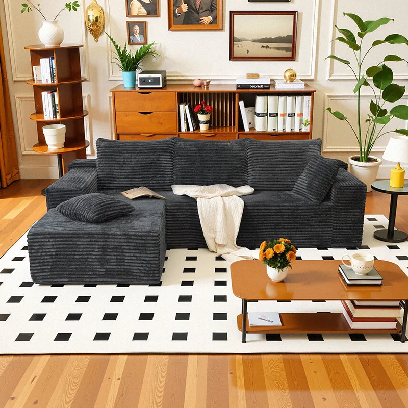 L-Shaped Living Room Sofa Bed Convertible In Corduroy Fabric No Assembly