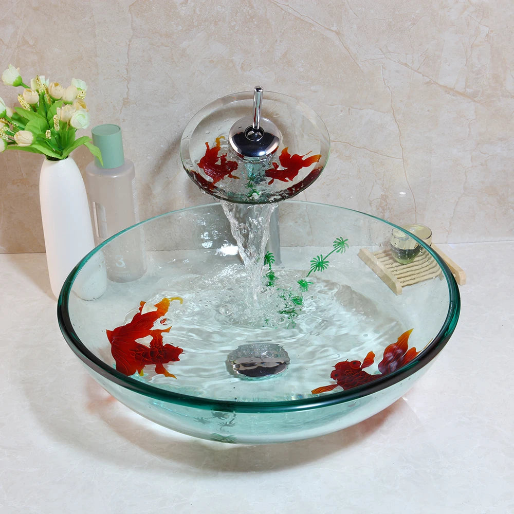 MEKKHALA Tempered Glass Bathroom Basin Sink Faucet Combo Vessel Set