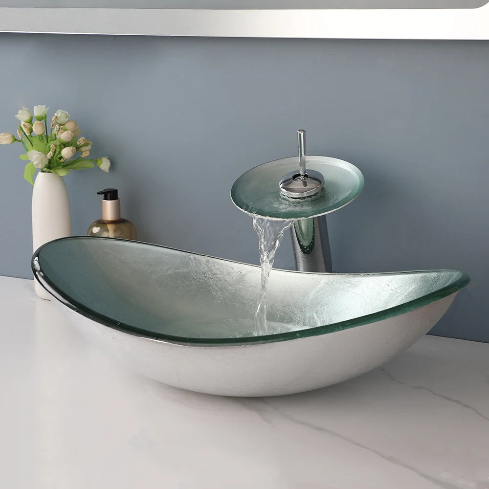 KEMAIDI Bathroom Sink Countertop Basin Sink Tempered Glass Washbasin with Waterfall Faucet Mixer for Washroom Vessel Vanity Bar