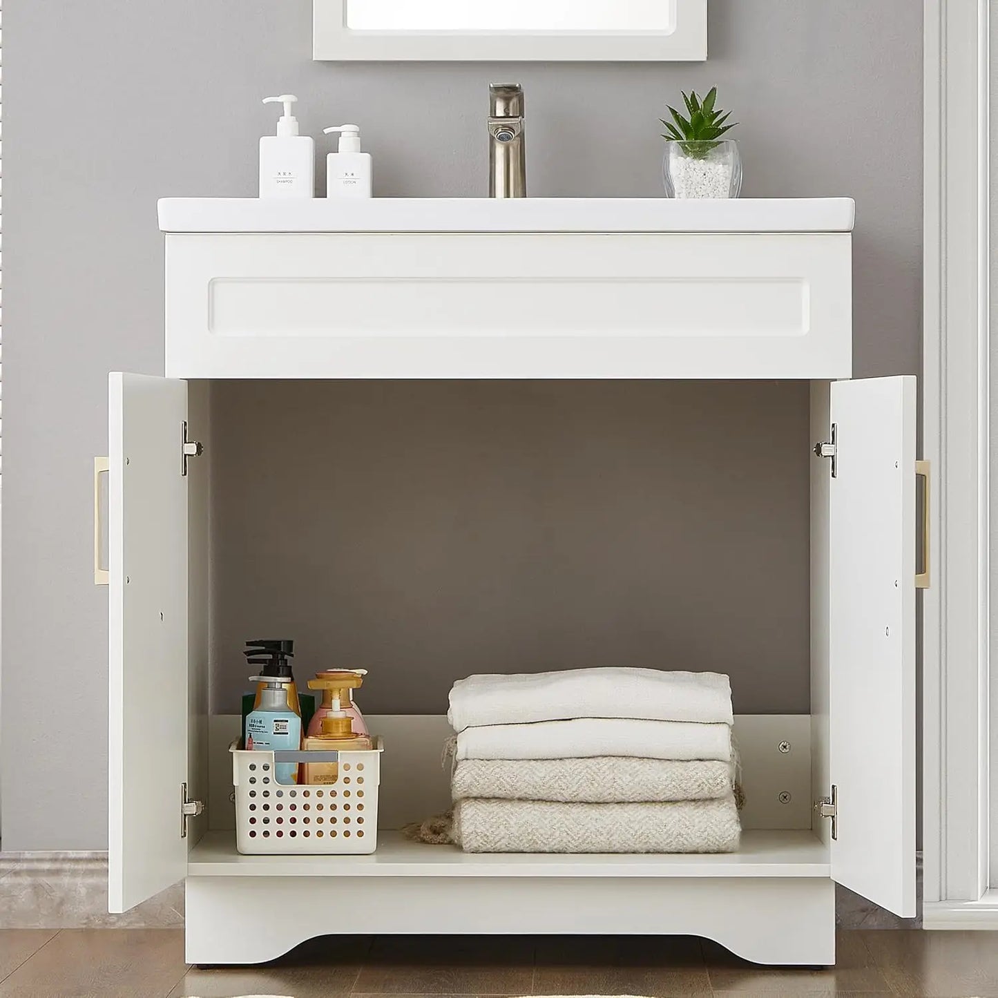 Bathroom Vanity With Ceramic Sink Wooden Cabinet Large Storage