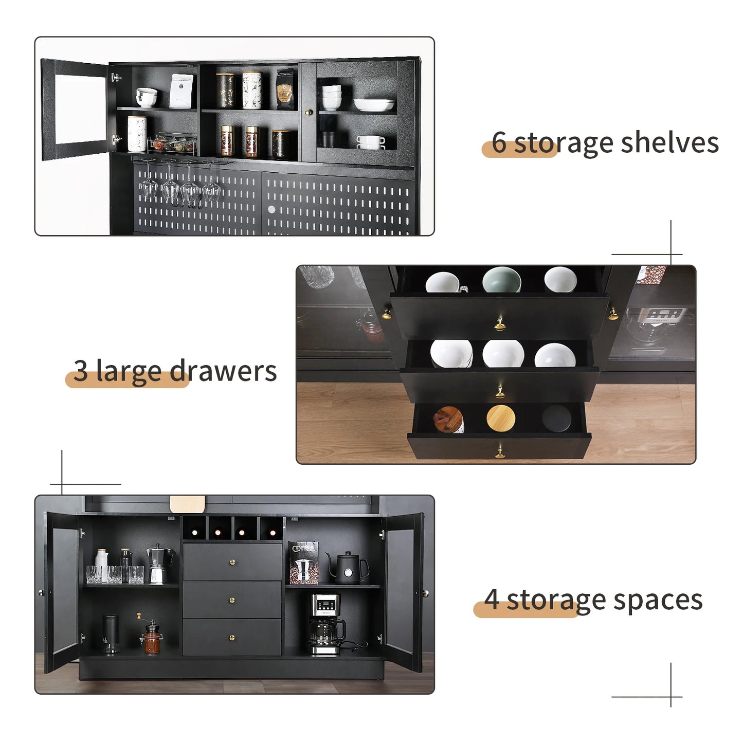 VOWNER Pantry Cabinet Freestanding Kitchen Storage Pegboard Power Outlet