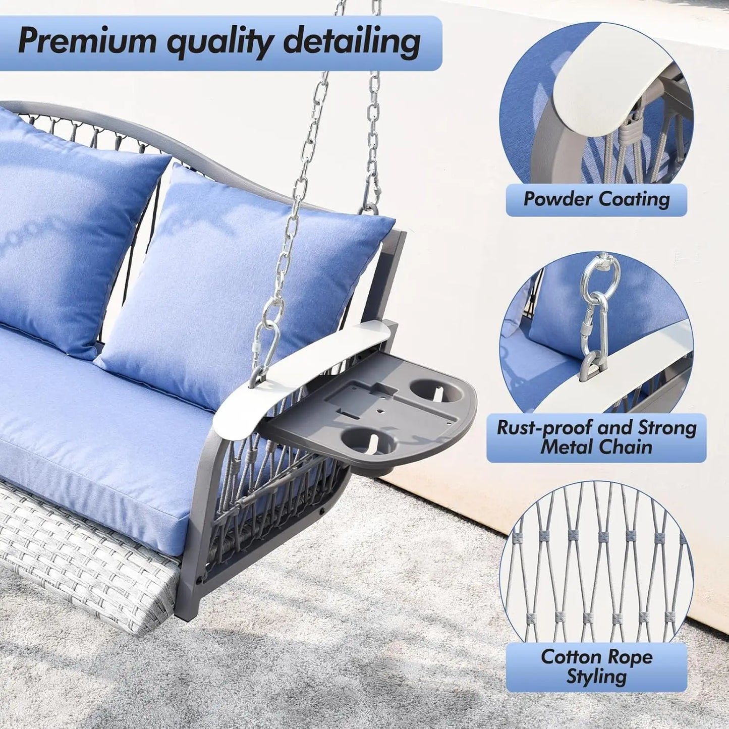 Outdoor Wicker Porch Swing Chair With Cushions And Cup Holders