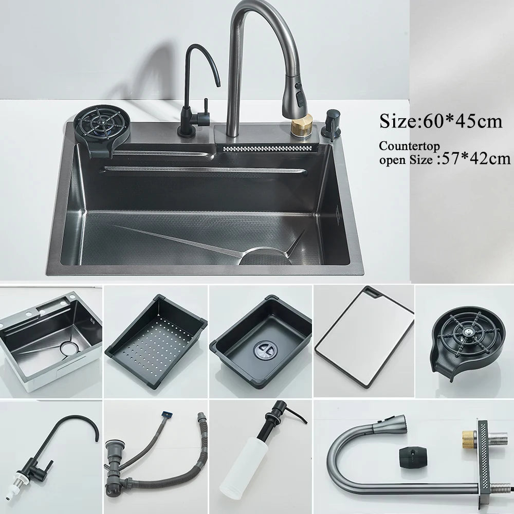 MYQualife 304 Stainless Steel Waterfall Kitchen Sink Faucet Set
