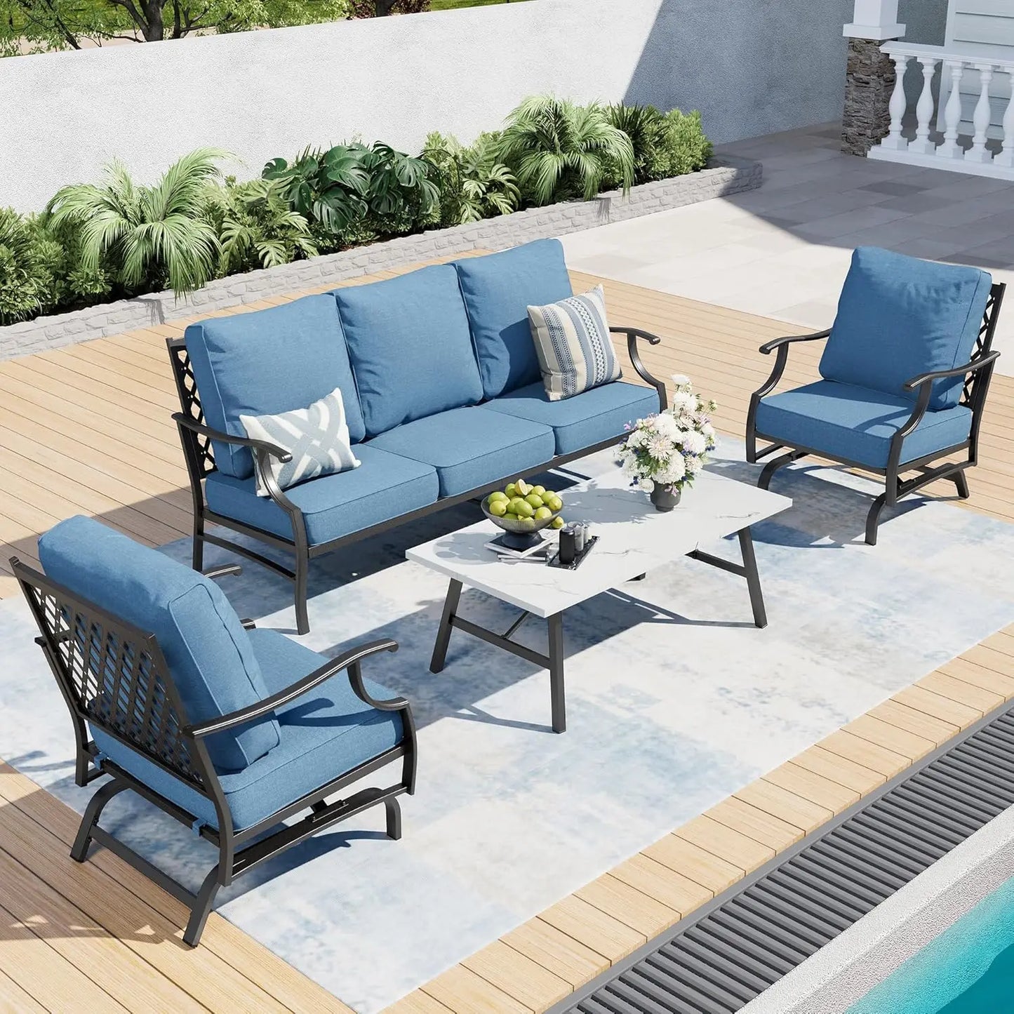 4 Piece Metal Outdoor Patio Furniture Set, Patio Conversation Sets 1 3-seater Sofa, 2 Swivel Chair with 5.75" Extra, Customized