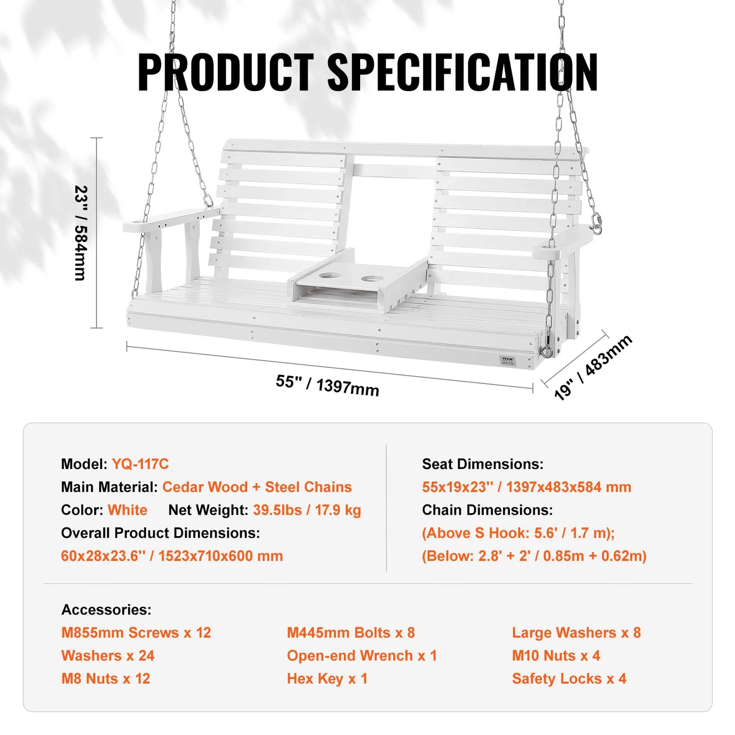 SucceBuy Wooden Porch Swing Outdoor Patio Garden 880 Lb Capacity
