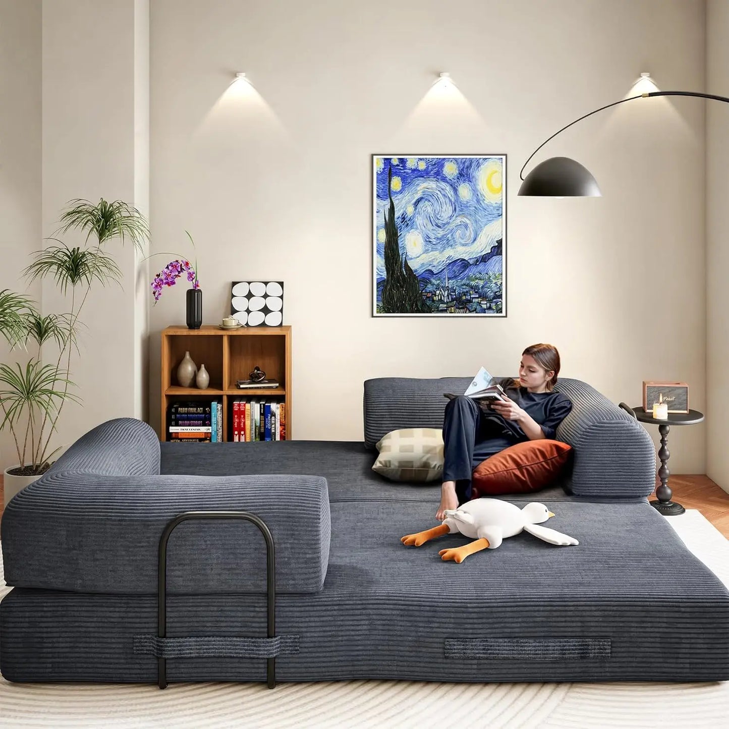 Convertible Sofa Bed Modular Couch With Corduroy Fabric And Memory Foam Sleeper