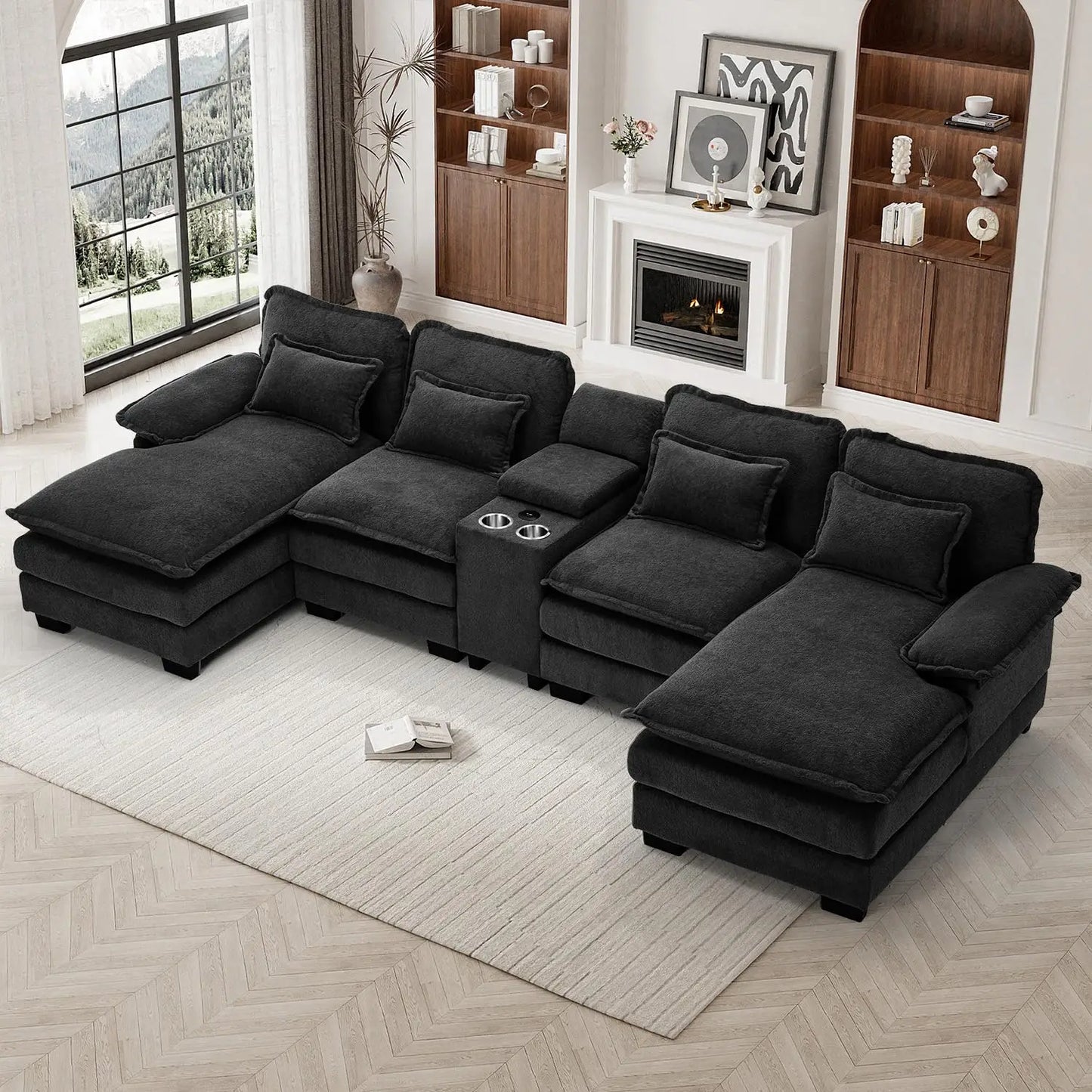 U Shaped Modular Sectional Sofa Chenille With Double Chaise Storage Console USB