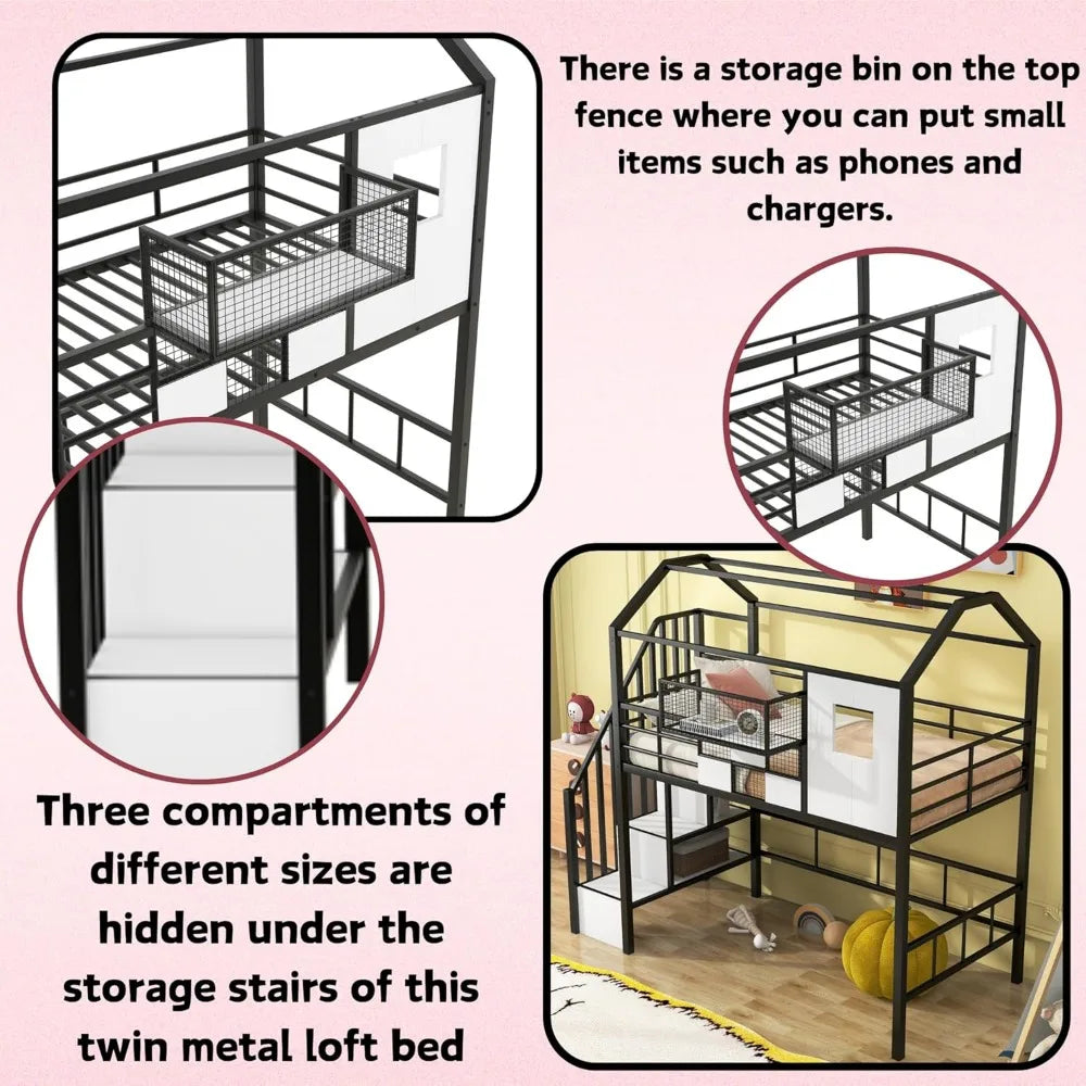SOFTSEA Twin Size House Loft Bed with Stairs & a Storage Box, Stairway Metal Loft Bed with Roof for Kids, No Noise, Black