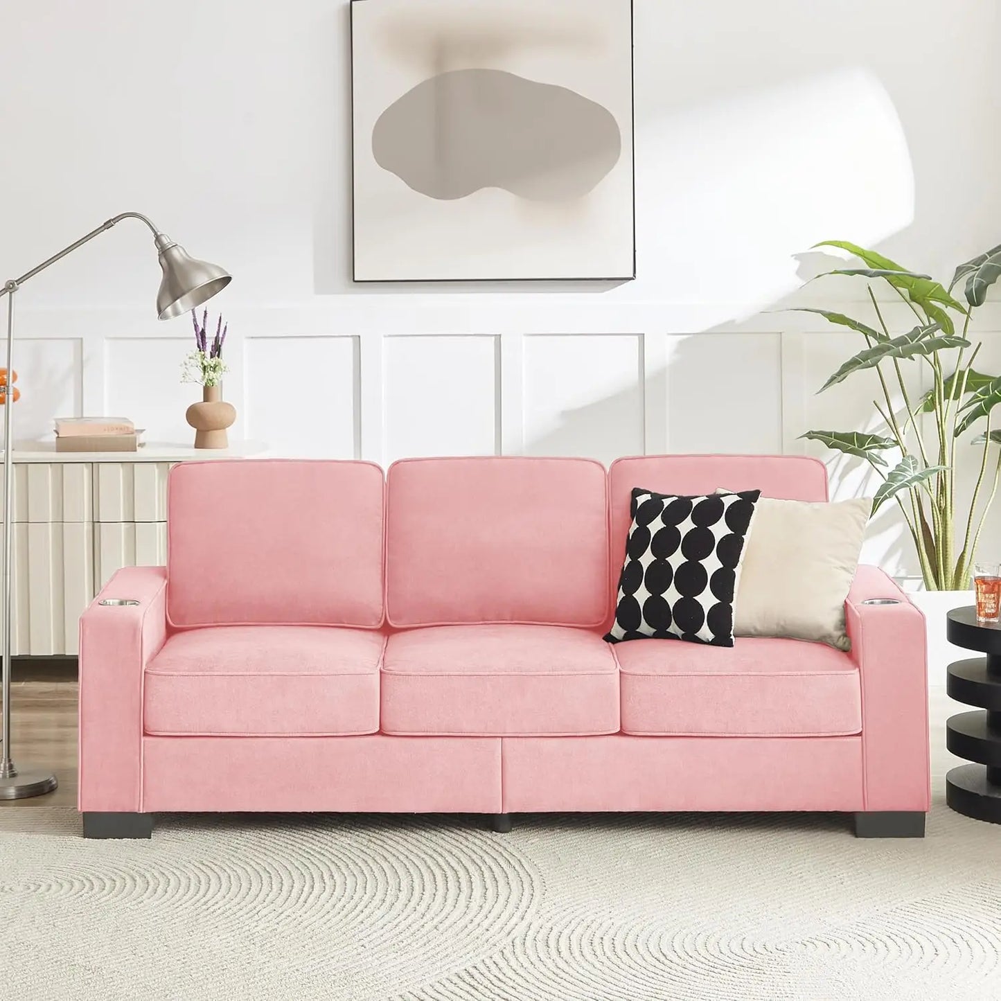 Snowfleece 3 Seater Upholstered Sofa With Cup Holders