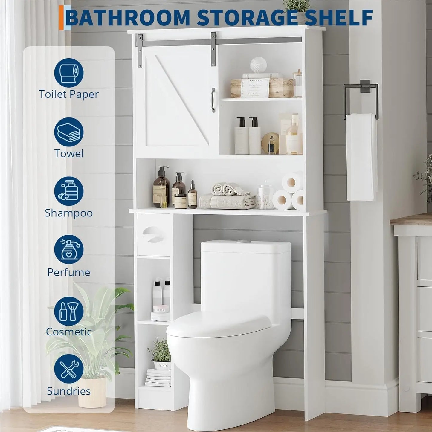 Storage Cabinet Over Toilet Organizer With Sliding Barn Door Paper Holder