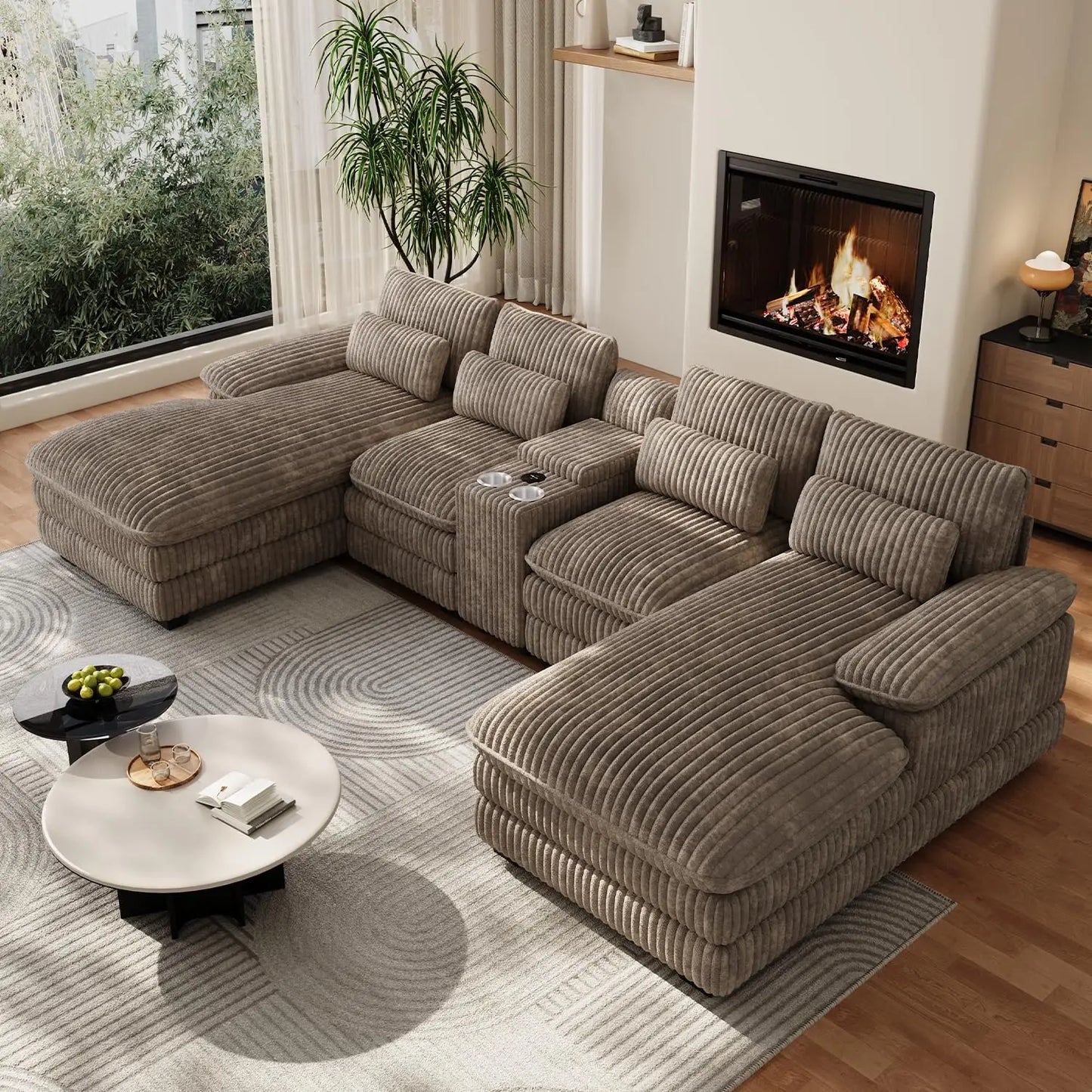 U Shaped Modular Sectional Sofa Chenille With Double Chaise Storage Console USB