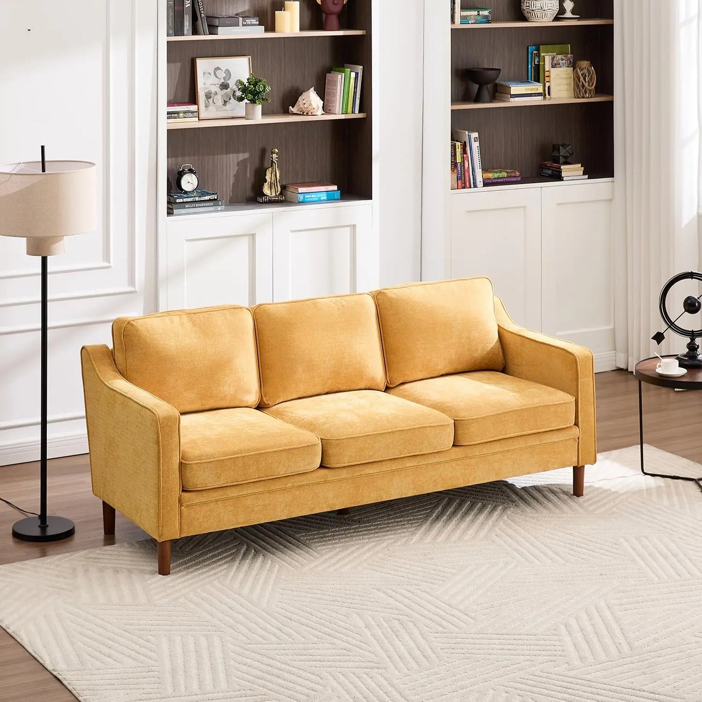 Mid Century Chenille Sofa With Solid Wood Legs For Living