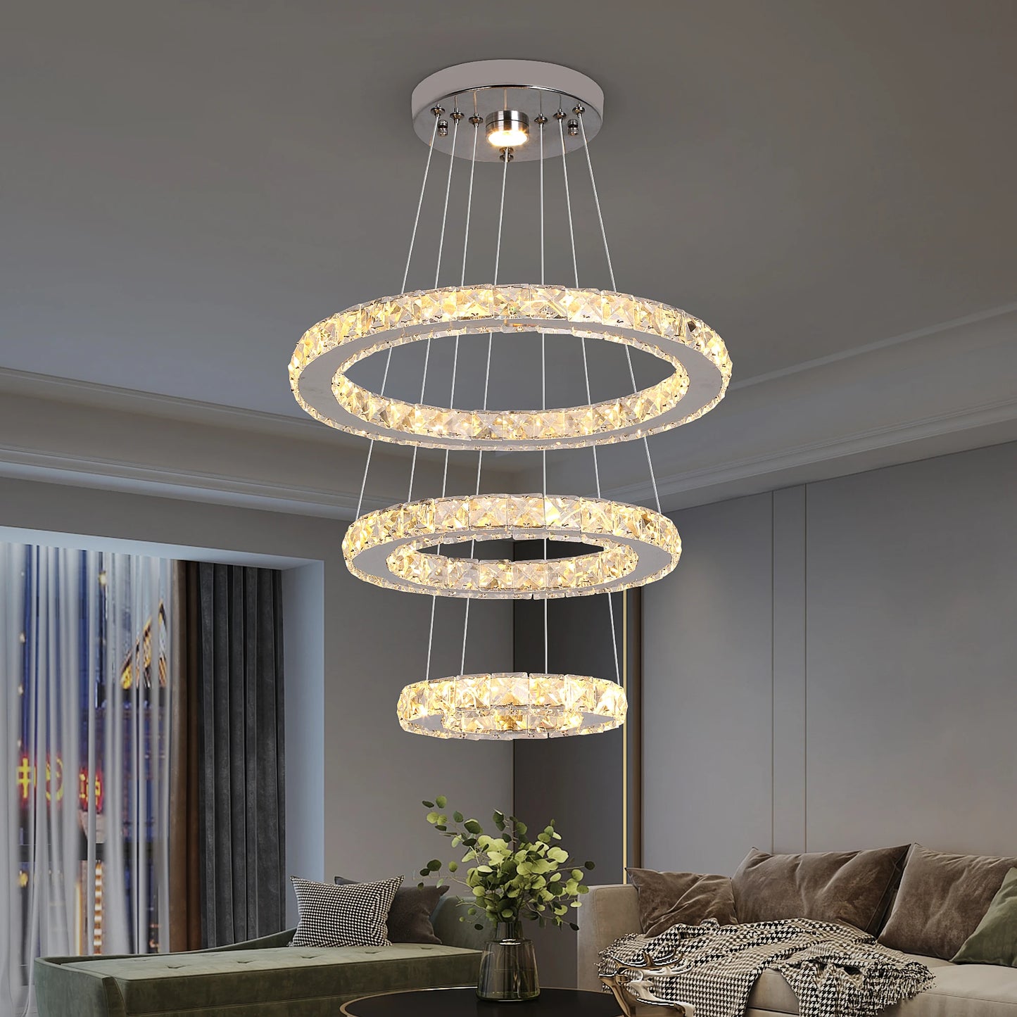 GreeLustr Modern Pendant Crystal Chandelier Ring Lighting Fixture