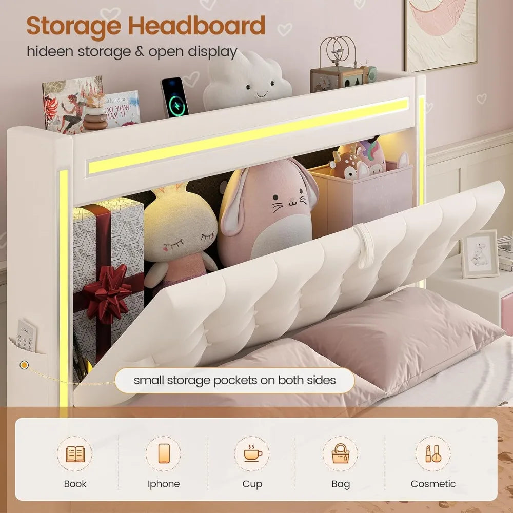 LED Bed Frame With Storage Drawers And Velvet Headboard Charging Station