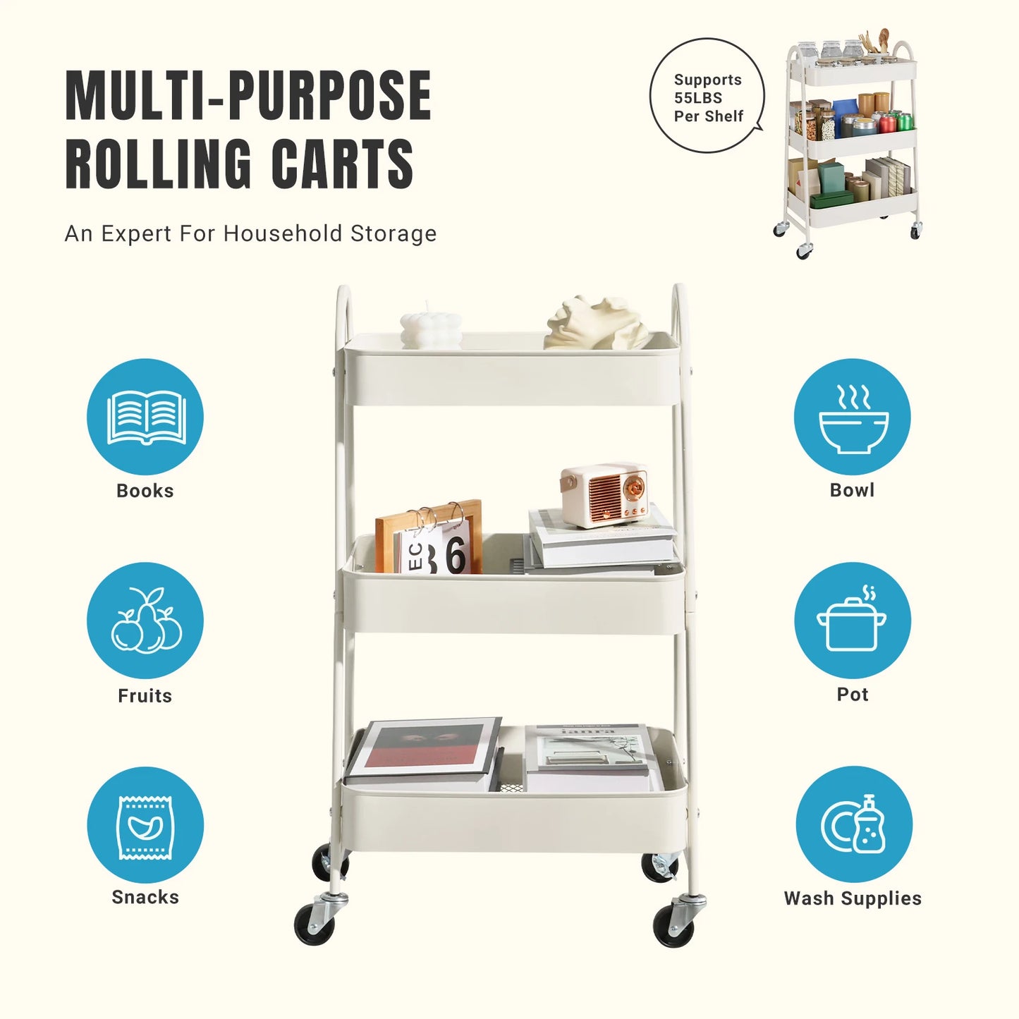 JHK 3 Tier Metal Kitchen Storage Cart With Lockable Wheels