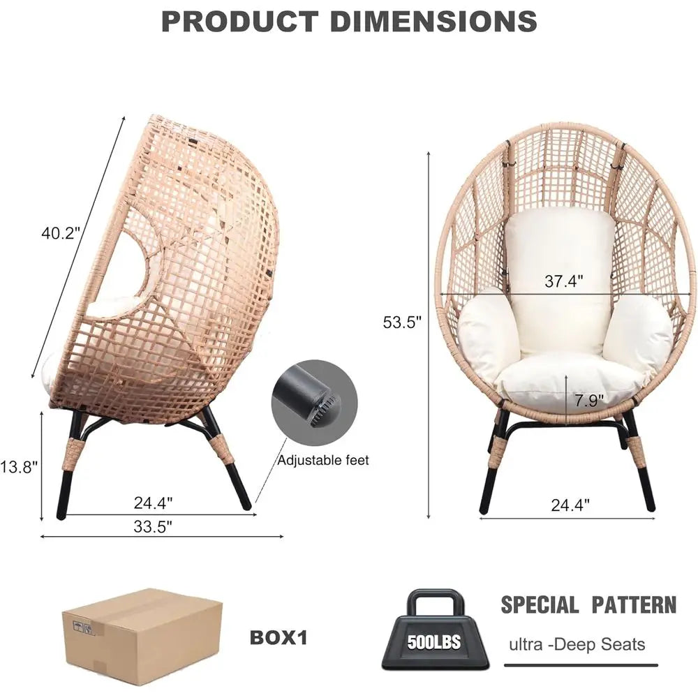 Double Set Indoor/Outdoor Wicker Egg Chairs with Cushion for Patio, Living Room, Balcony, or Backyard (Beige-Grid)