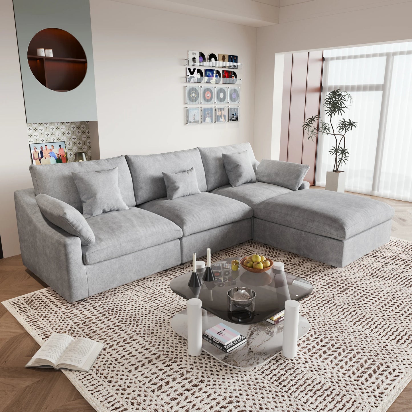 Sdorens 120'' Sectional Sofas for Living Room Modern Cloud Couch Down Filled L-Shaped 3Seater Couch with Ottoman