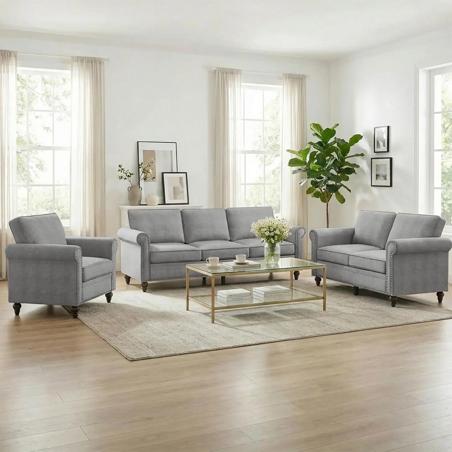 3 Piece Linen Sofa Set With Nailhead Trim For Living Room