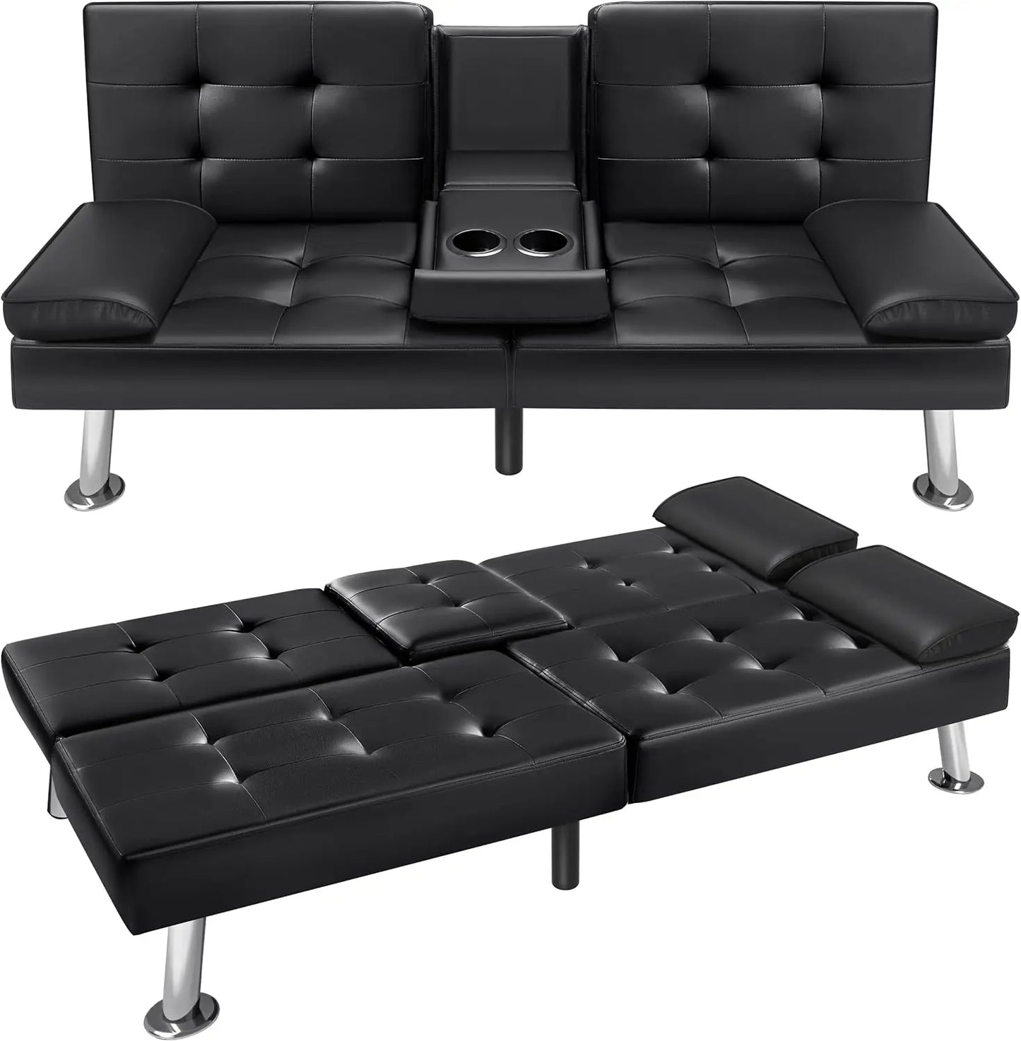 Futon Sofa Bed Faux Leather Couch With Cup Holders