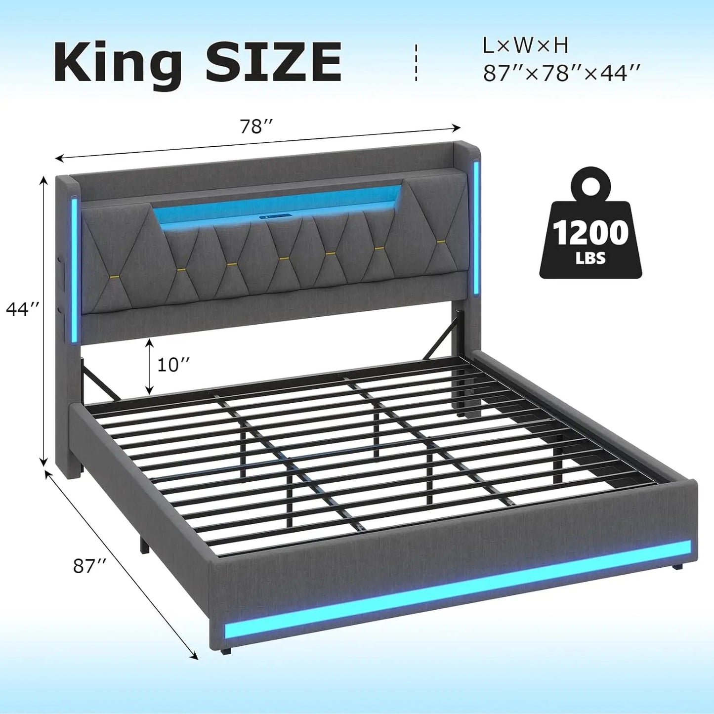 LED Bed Frame With Charging Station And Upholstered Headboard