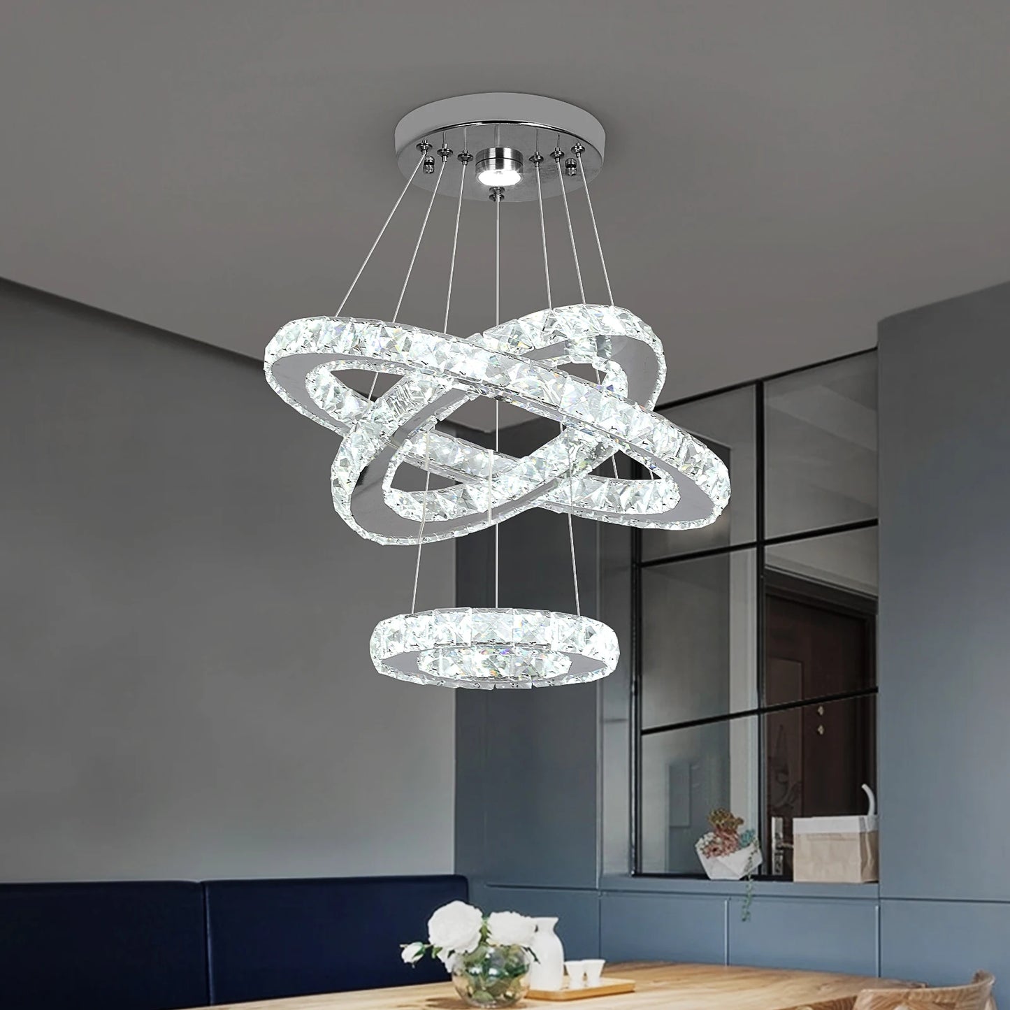 GreeLustr Modern Pendant Crystal Chandelier Ring Lighting Fixture