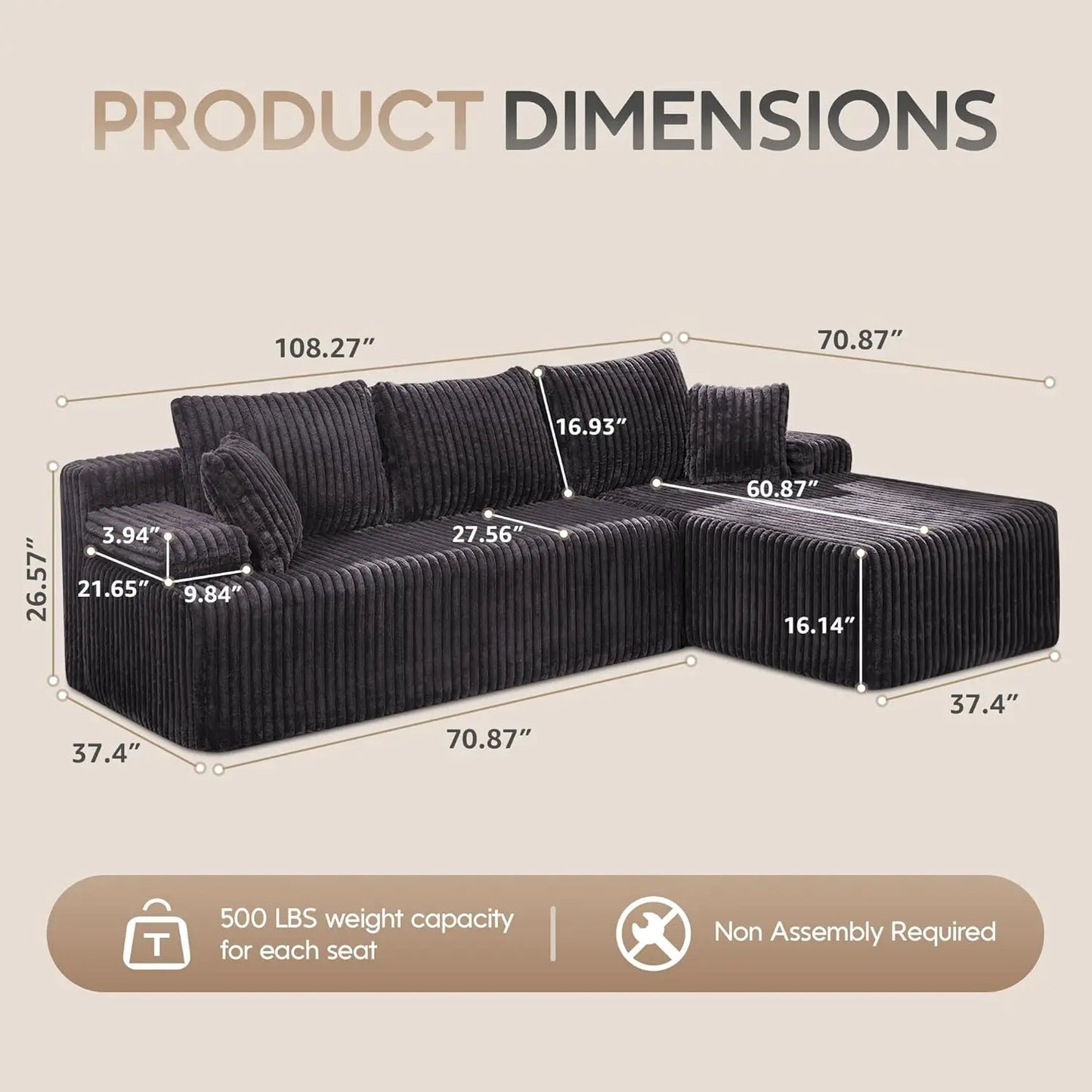 BIANXIANG Modular L-Shape Sectional Sofa With Memory Foam Chaise
