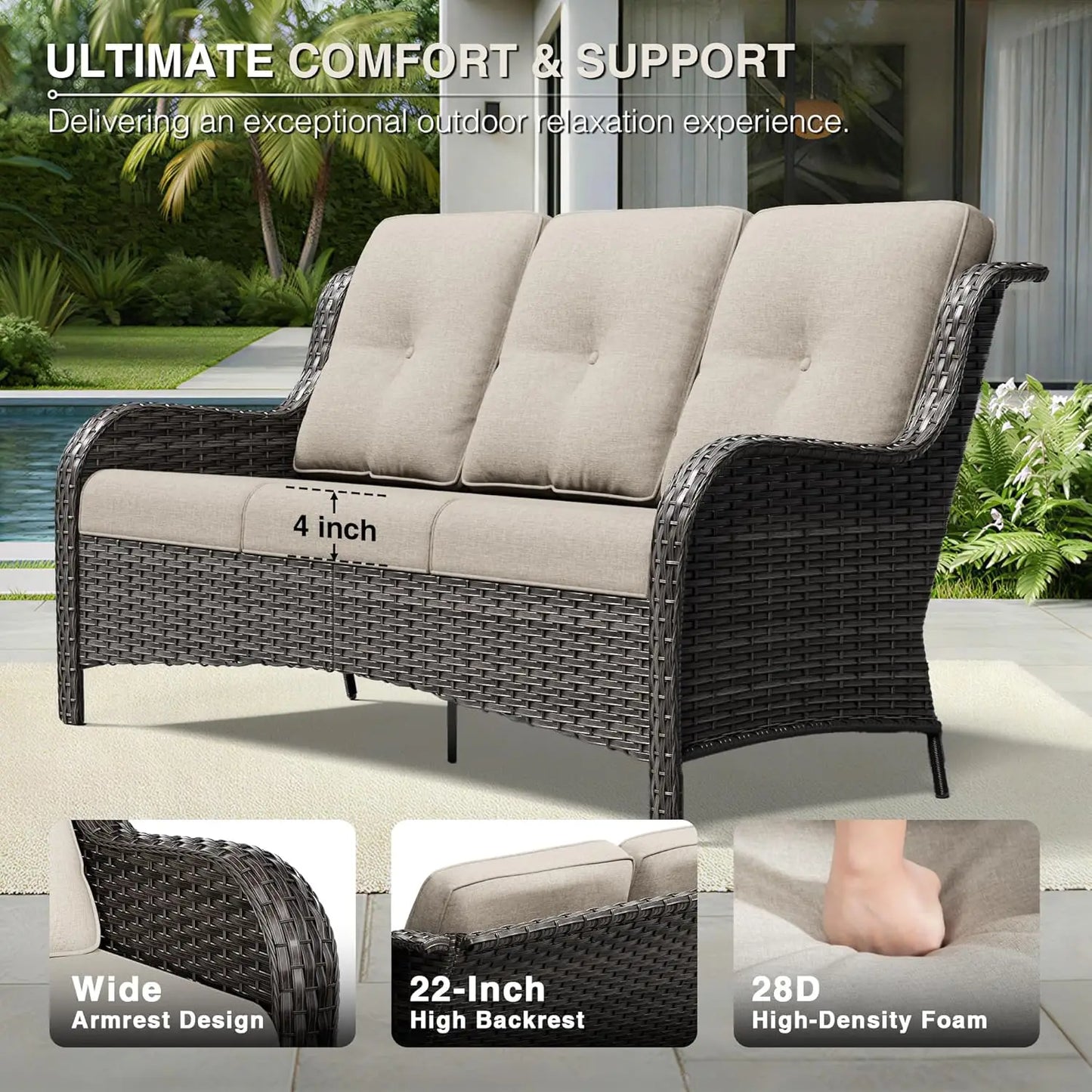 Outdoor Patio Wicker Sofa With Deep Cushions And Durable Frame