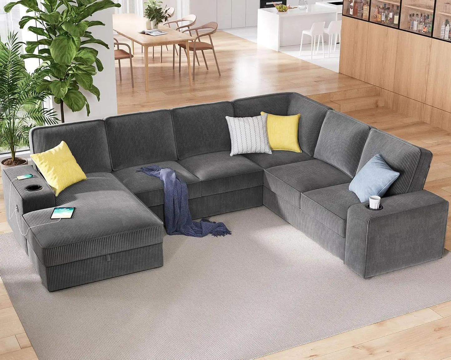 U Shaped Couch Sofa With Storage Chaise And USB Ports