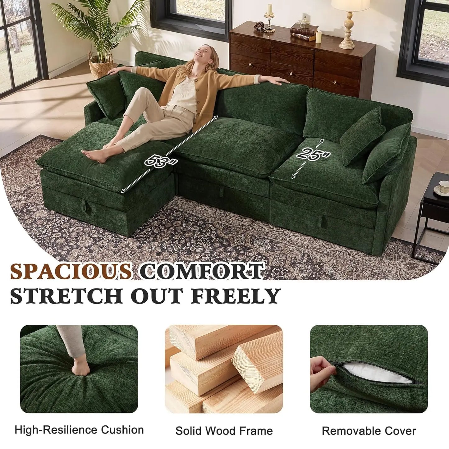 Modular Sectional Sofa With Storage L Shaped Chenille Movable Ottoman