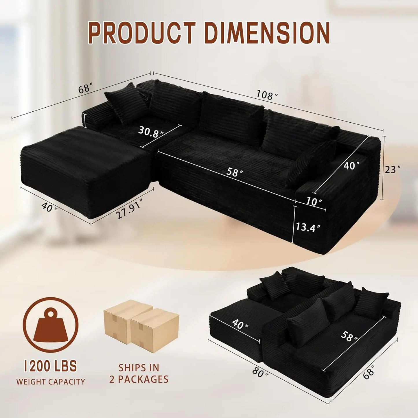 Modular Sectional Sofa L-Shape Chaise Cloud Couch Living Room Corduroy
