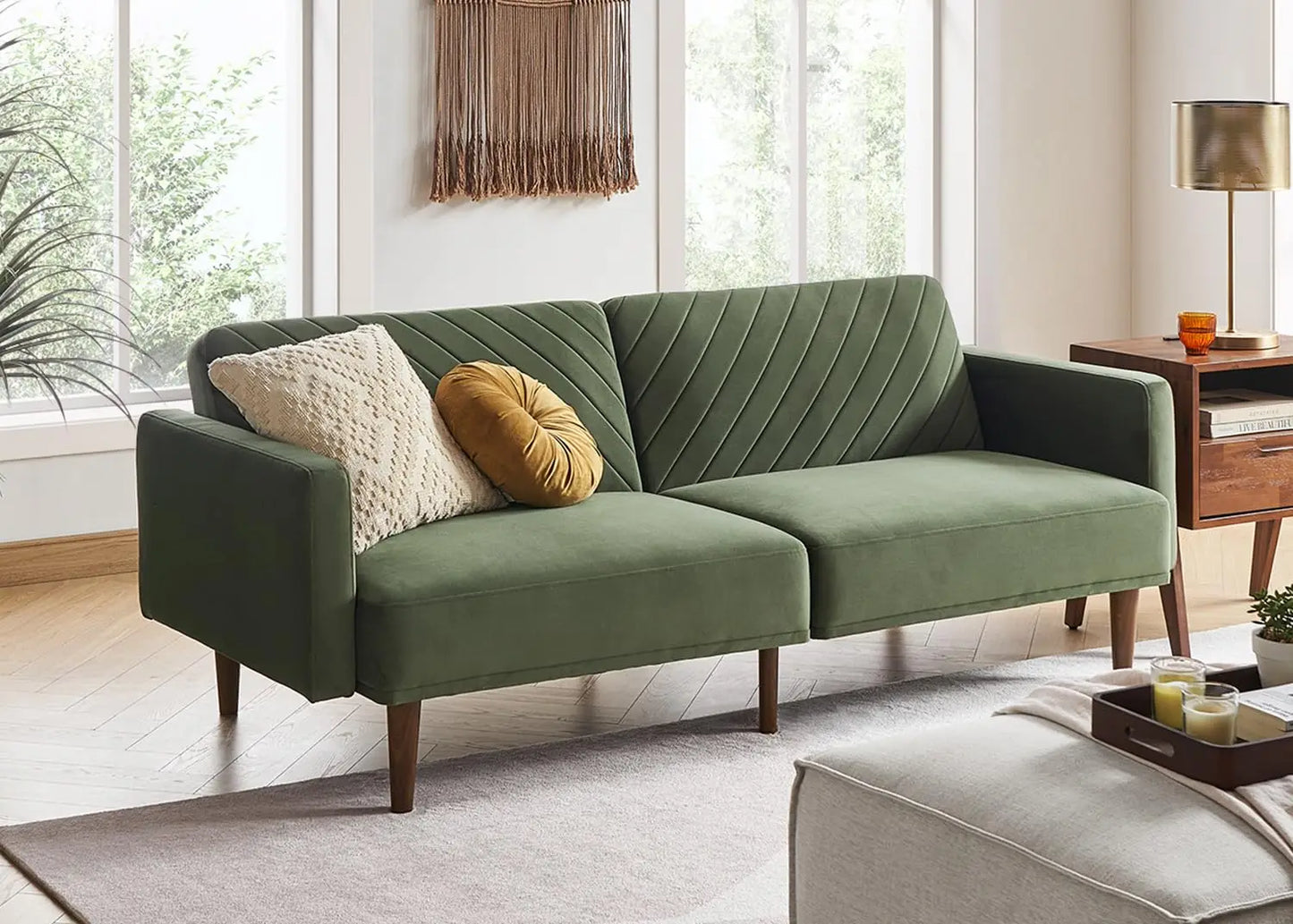 Mid Century Futon Sofa Bed PU Leather Loveseat Wood Frame