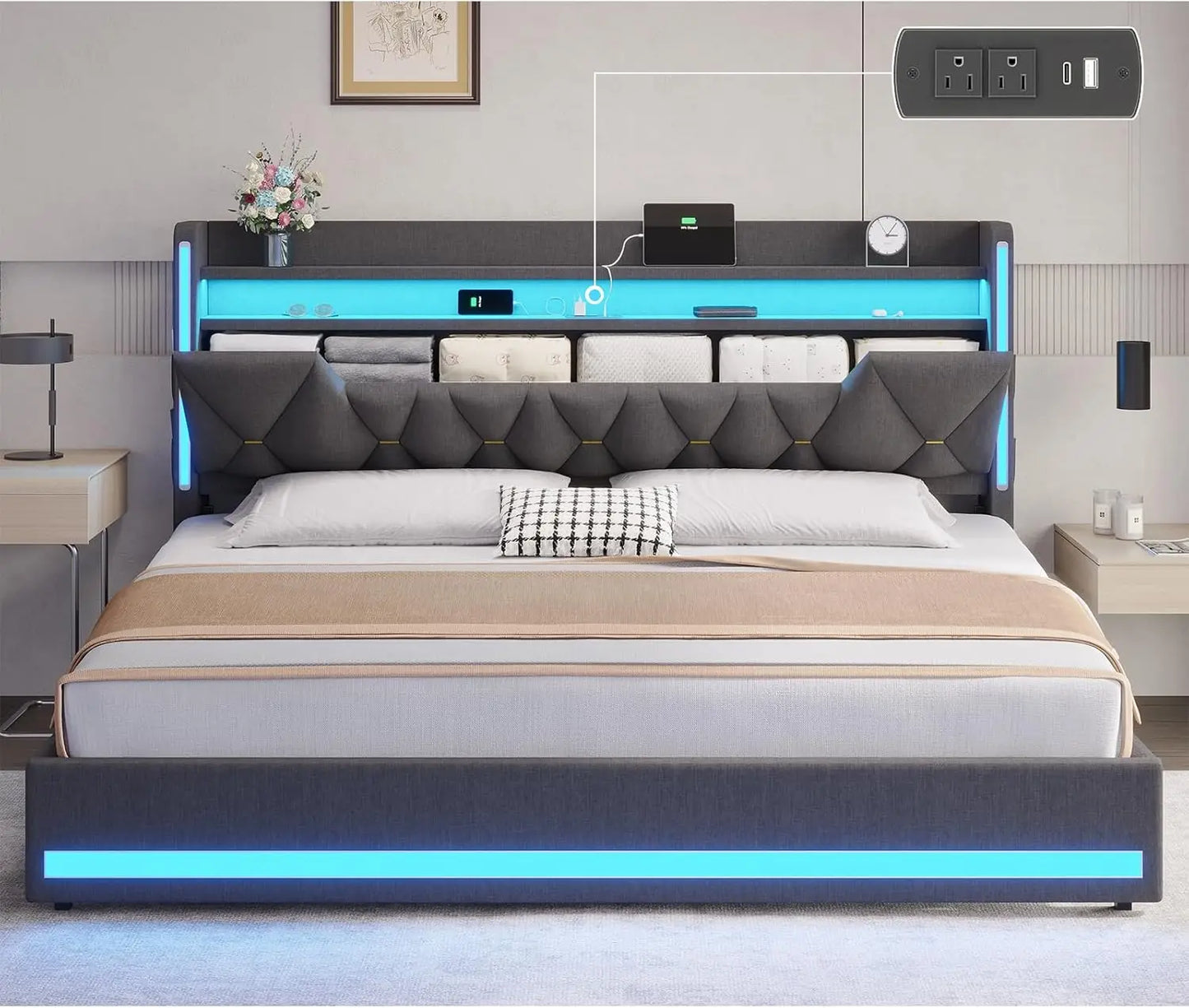 LED Bed Frame With Charging Station And Upholstered Headboard
