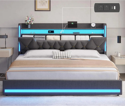 LED Bed Frame With Charging Station And Upholstered Headboard