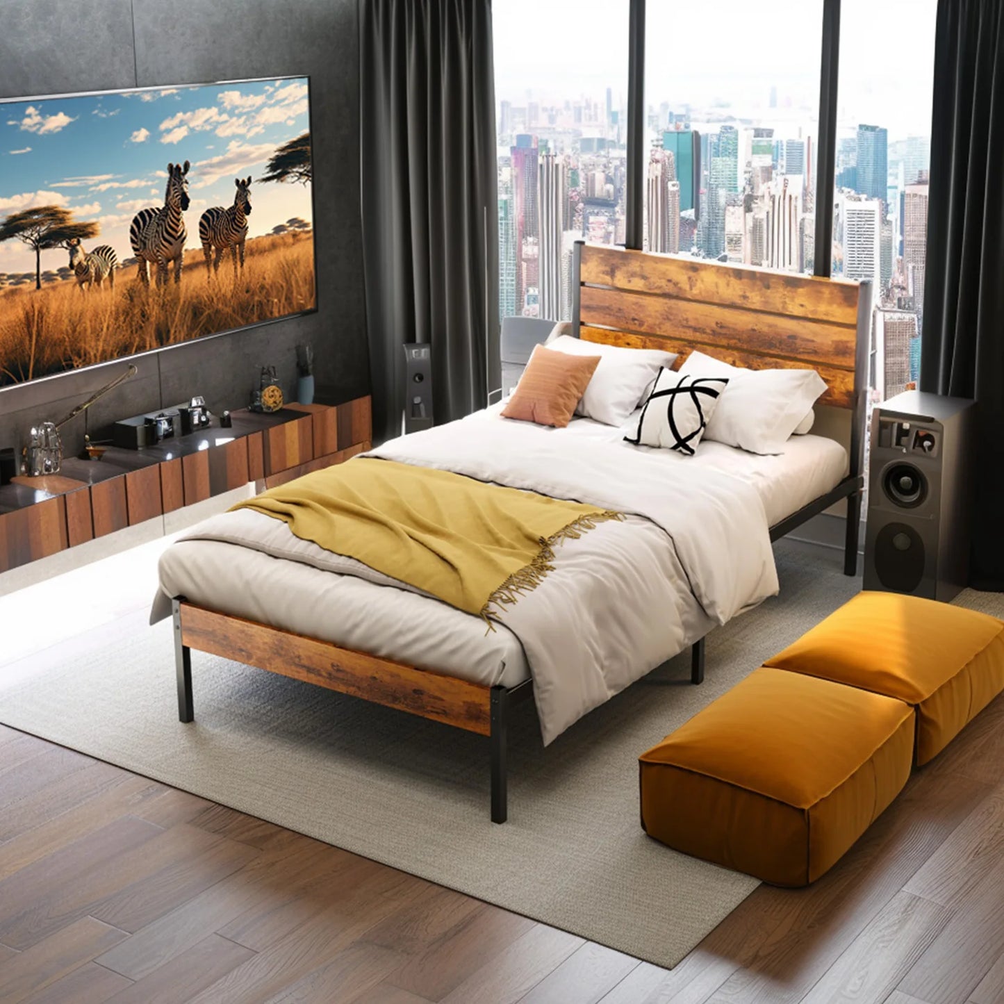 JHK Metal Platform Bed Frame With Headboard And Footboard And Wooden Slats