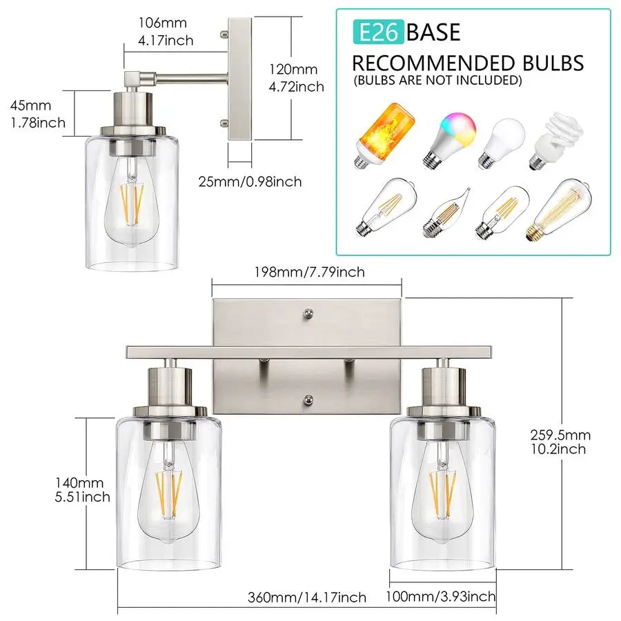 Two Light Bathroom Vanity Lights With Clear Glass Shades Over Mirror