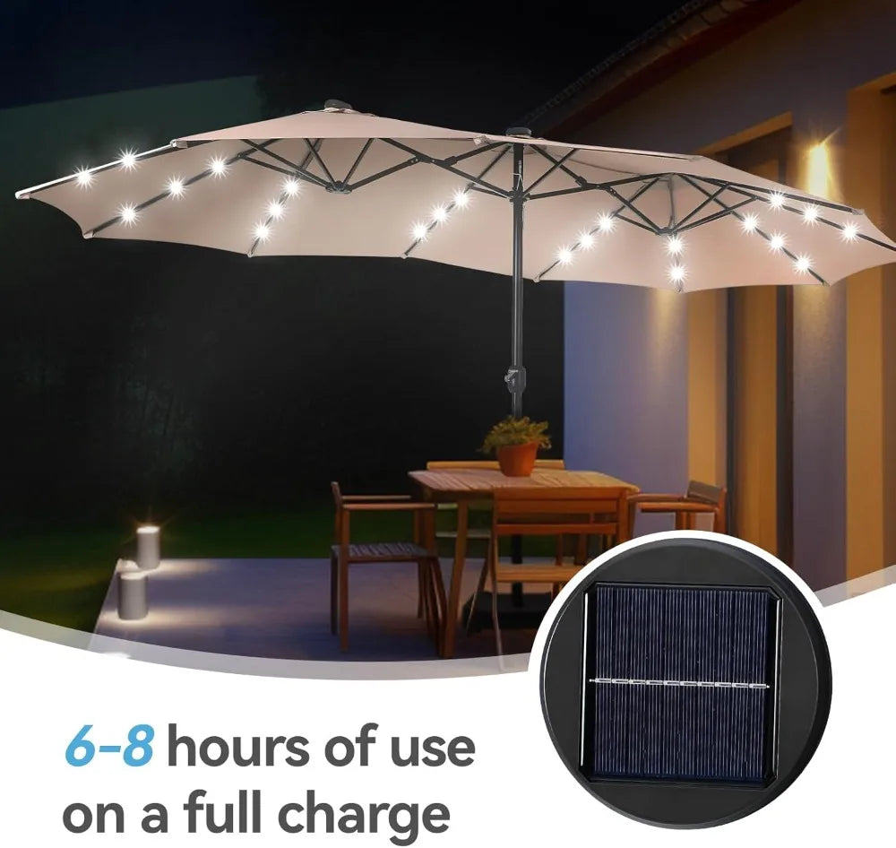 15 ft Rectangle Patio Umbrella with Solar Lights and Base Included, Double-Sided Market Table Umbrella with Crank, Large Outdoor
