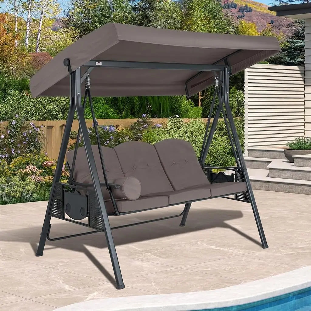 Adjustable Canopy 3 Seat Outdoor Porch Swing Bench Cup Holder