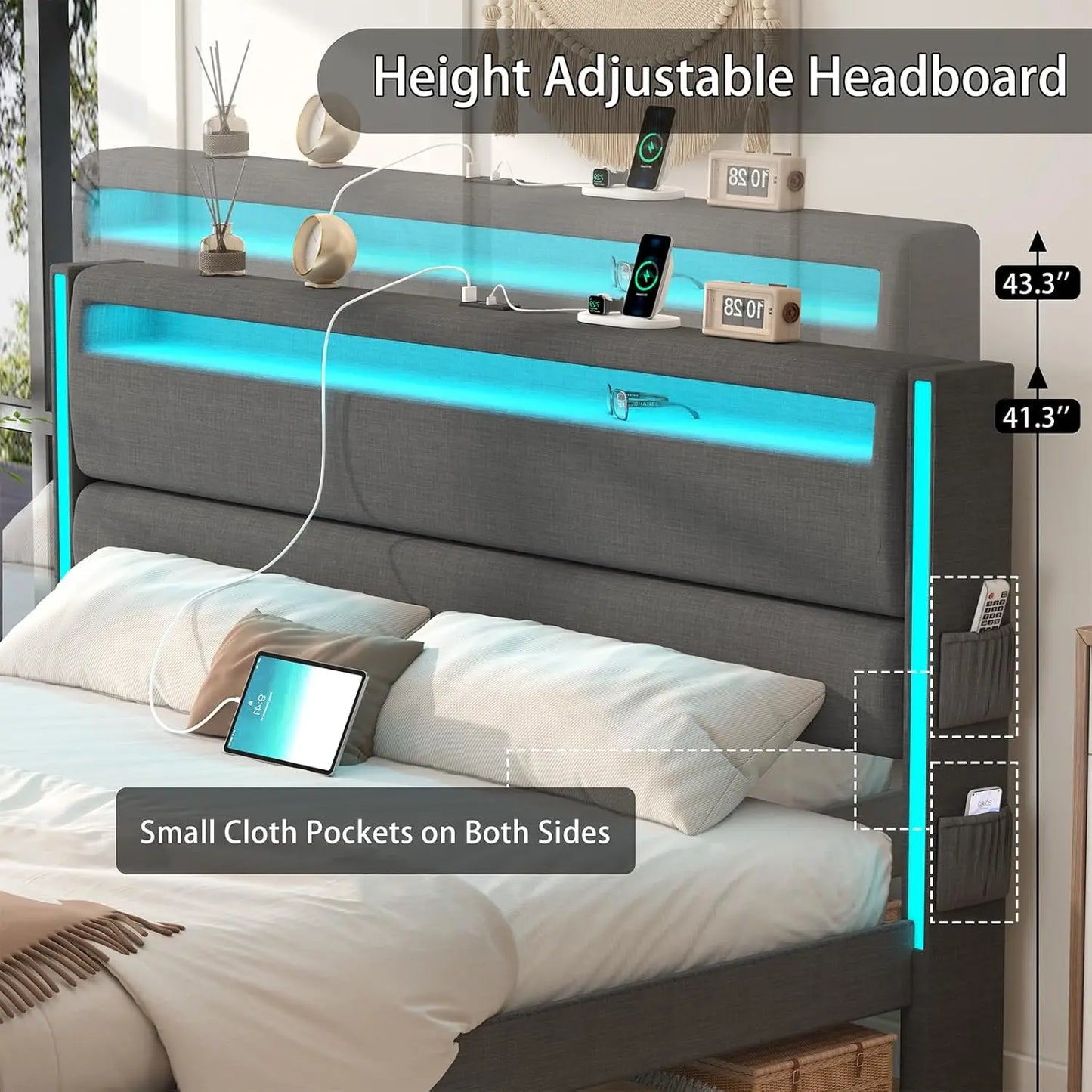 Platform Bed With LED Lights USB Charging And Adjustable Headboard