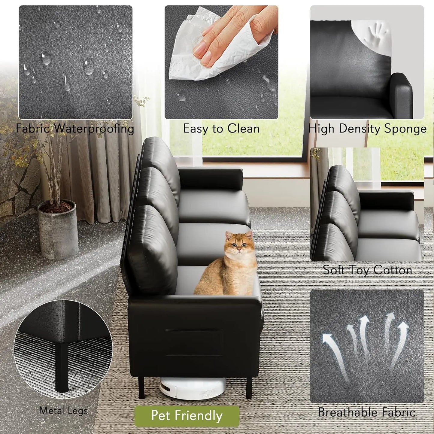 Faux Leather Sofa Modern With USB Ports For Living Room