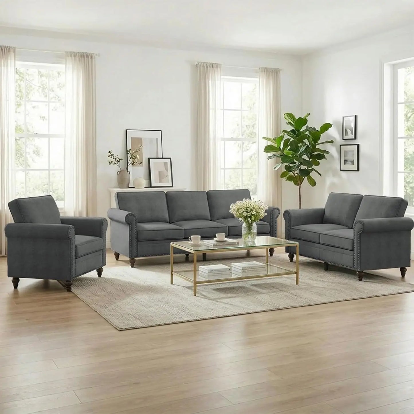 3 Piece Linen Sofa Set With Nailhead Trim For Living Room