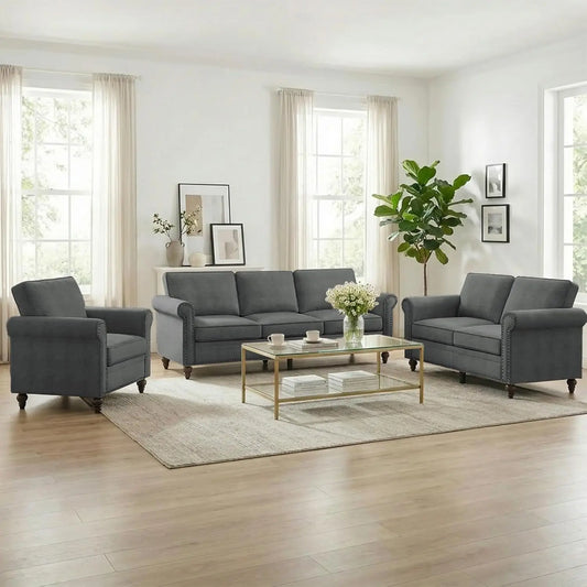 3 Piece Linen Sofa Set With Nailhead Trim For Living Room