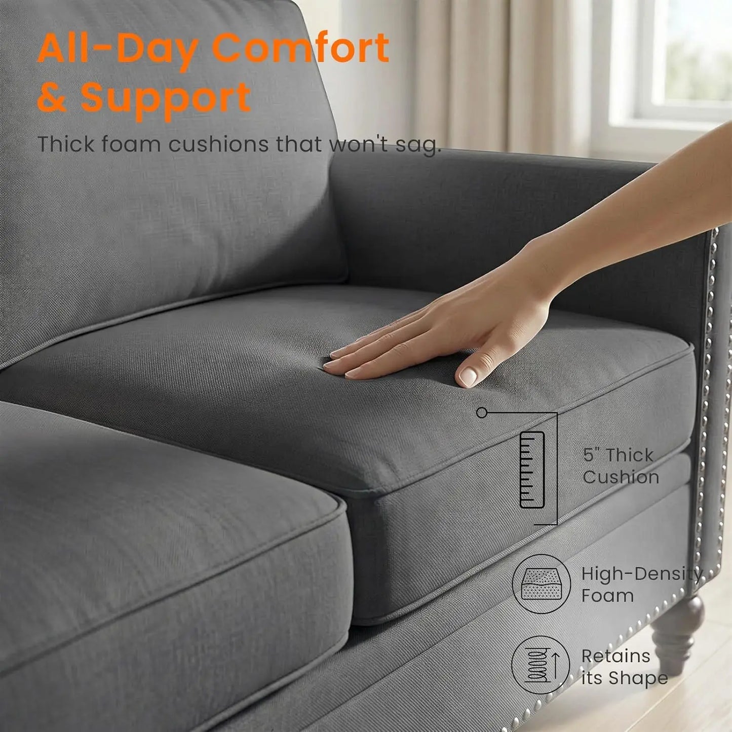 3 Piece Linen Sofa Set With Nailhead Trim For Living Room
