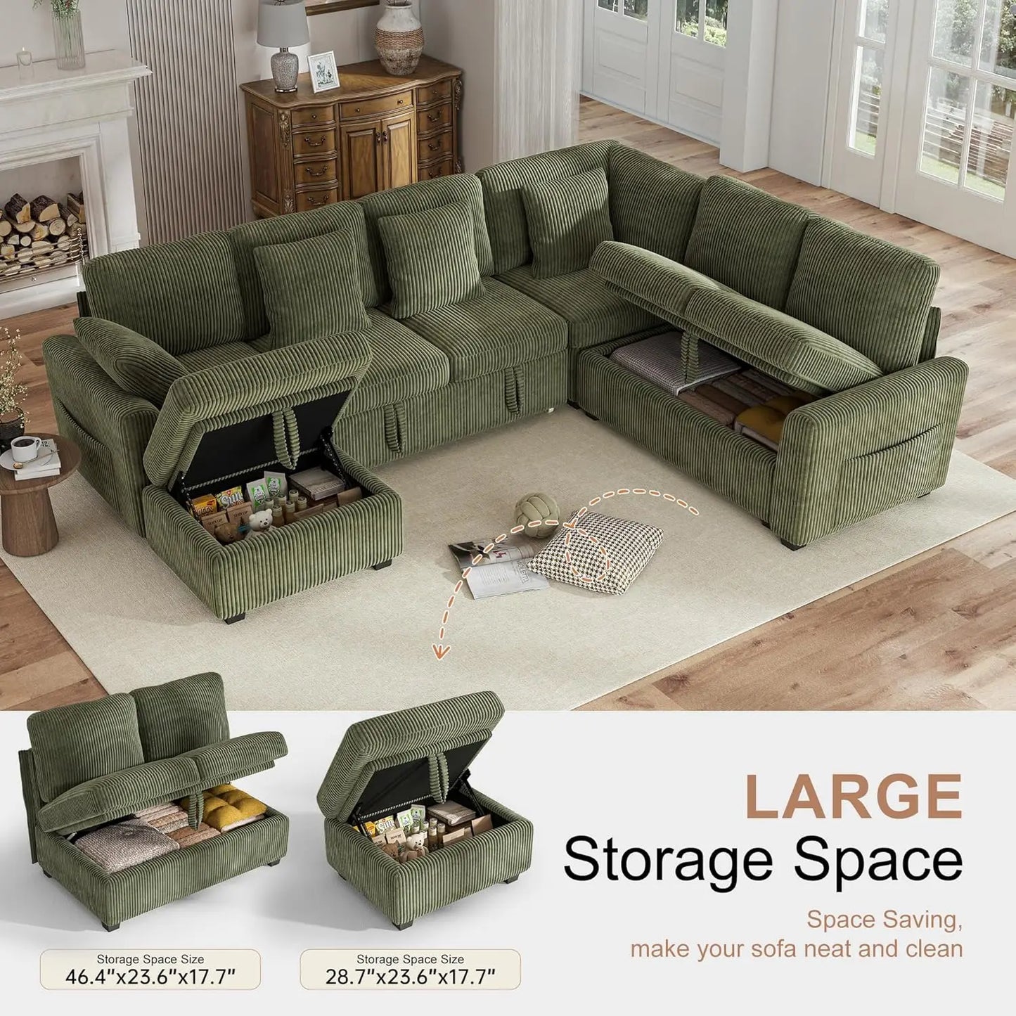 Corduroy L-Shaped Sectional Sofa With Pull-Out Bed Storage USB Charging